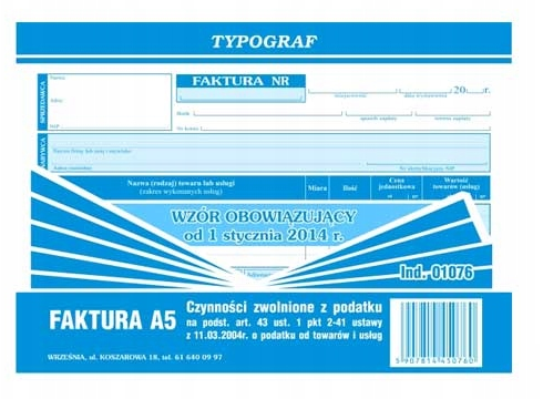 Druk Faktura Czynności Zwolnione z Podatku Typ A5 01076