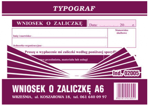 Druk Wniosek o Zaliczkę Typ A6 02005