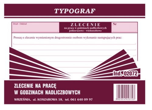 Druk zlecenie na pracę w godzinach nadliczbowych Typ A6 02072