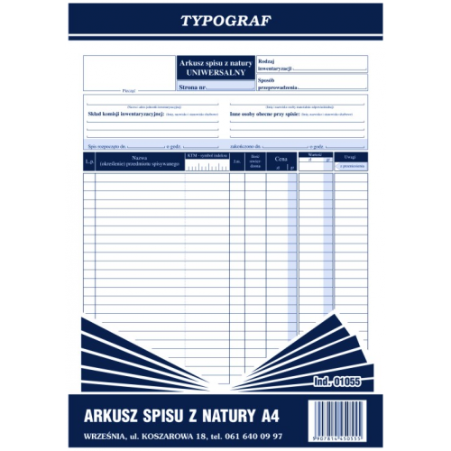 Druk Arkusz Spisu z Natury Typ A4 01055