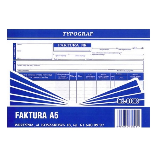 Druk Faktura VAT A5 Typ 01008